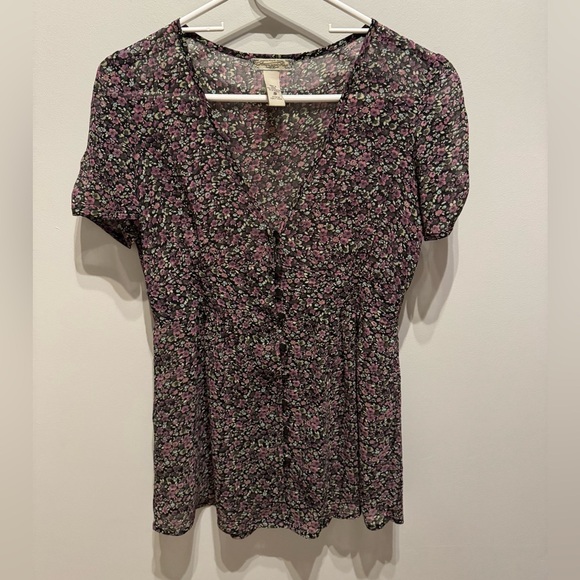 American Rag V-Neck Button Up Sheer Floral Short Sleeve Blouse Top Small - Picture 5 of 5